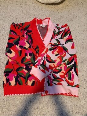 Floral V-Neck Cardigan Sweater - Red & Pink XL NWOT